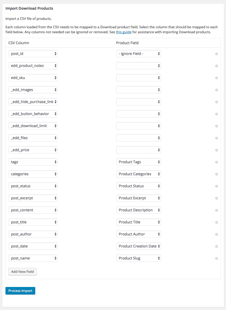 Product Import Field Mapping