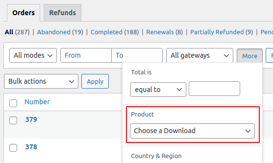 Product filter on the admin orders page