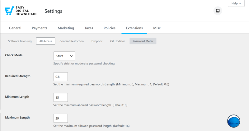 Password meter settings screen.