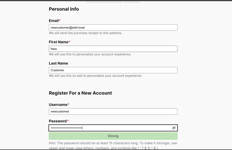 Registration form on checkout screen showing a strong password.