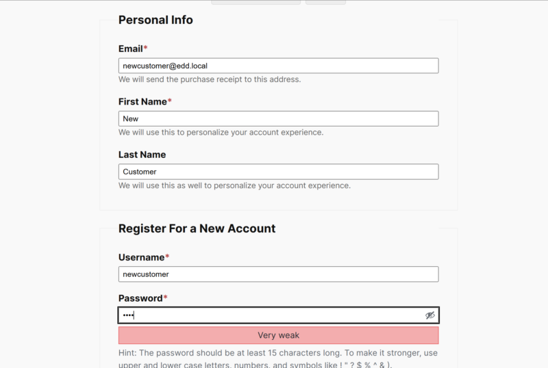 Registration form on checkout screen showing a weak password warning.