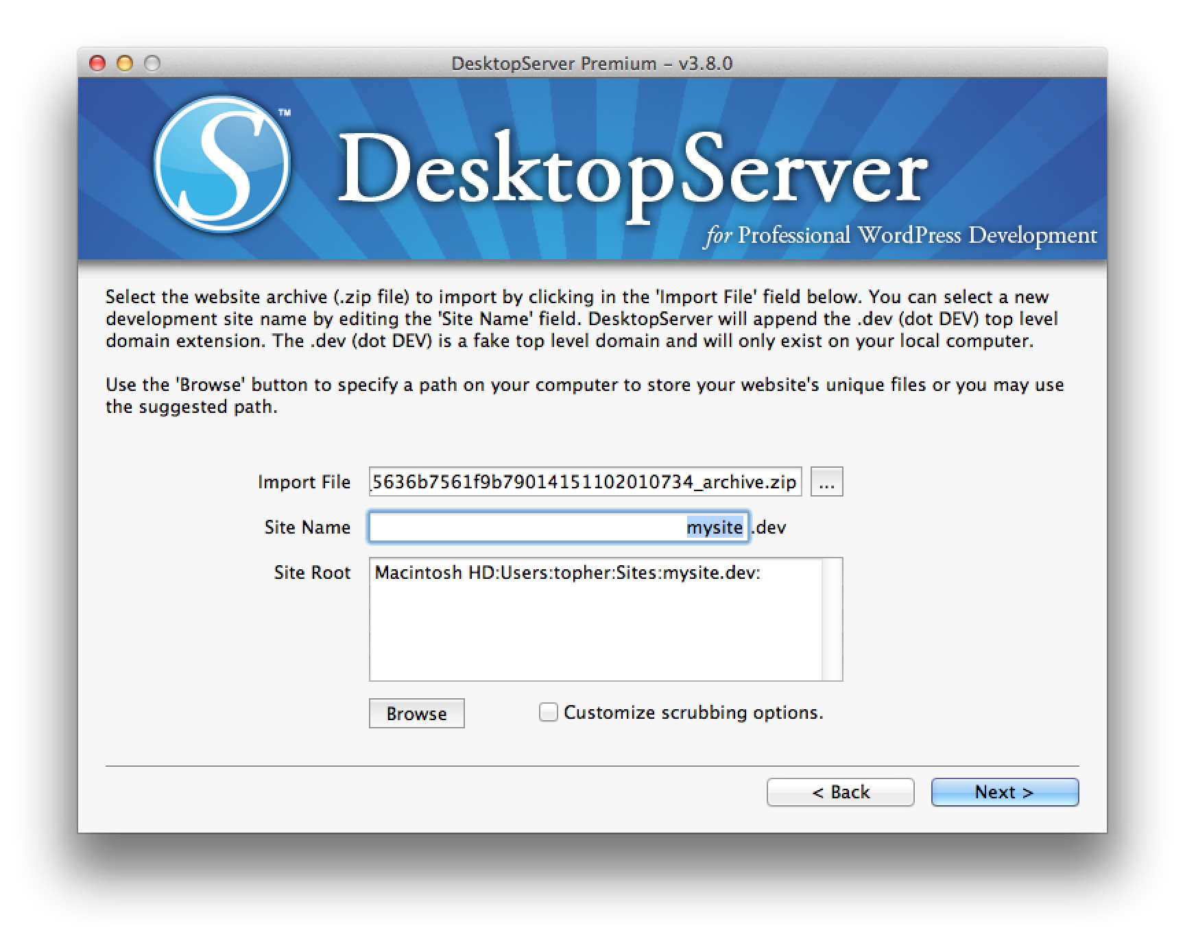 Screenshot of DesktopServer asking for backup file