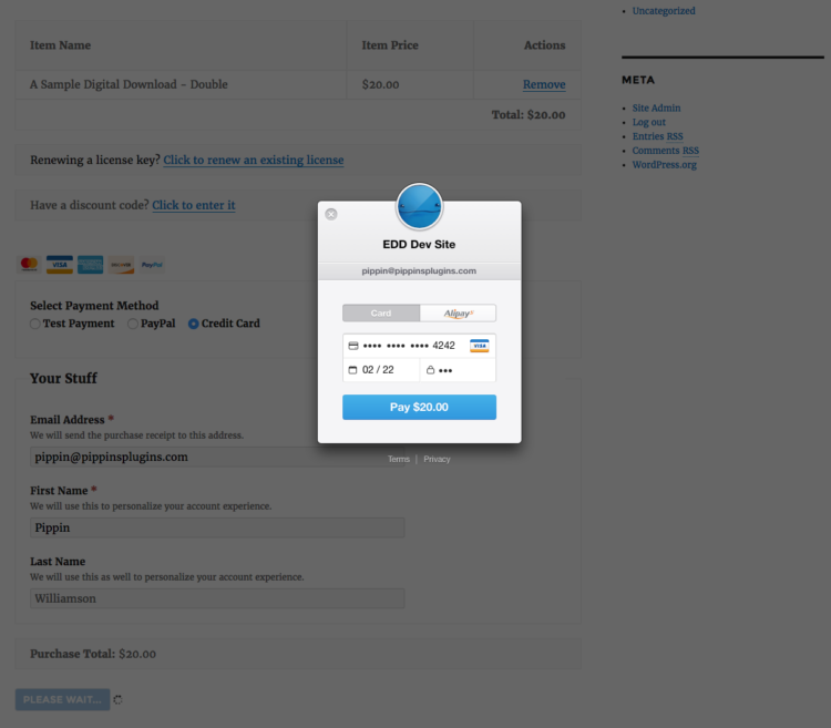 Stripe Checkout payment modal window