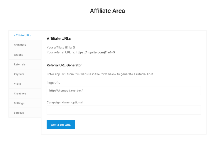 The AffiliateWP dashboard shares consistent styling with Frontend Submissions by displaying links vertically