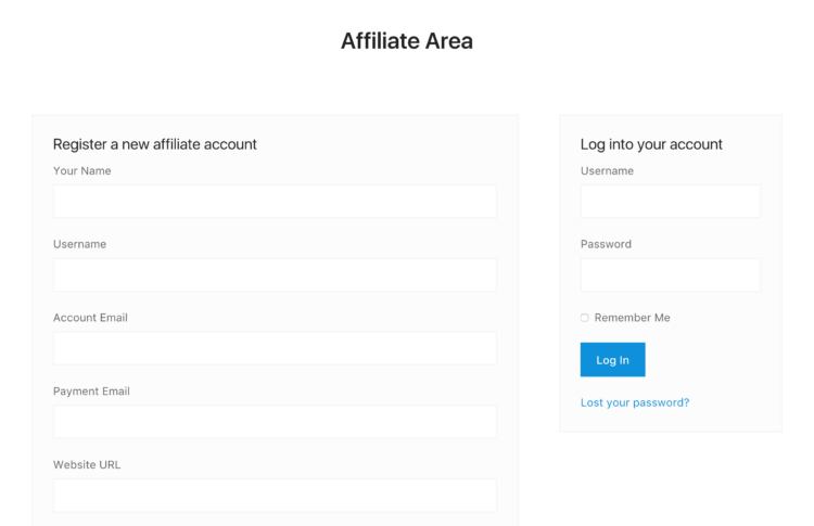 AffiliateWP's registration and login forms are shown side by side