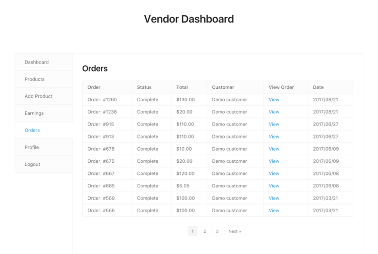 The vendor dashboard's "Orders" tab in Frontend Submissions