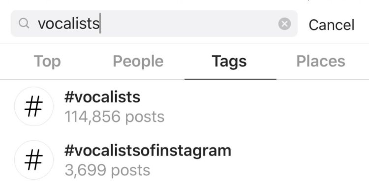 Searching Instagram tags for specific keywords also yields related hashtags