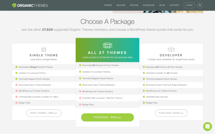 Pricing for yearly packages, highlighting differing features with recognizable icons