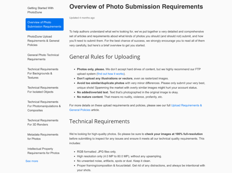Example of photo submission requirements - Envato