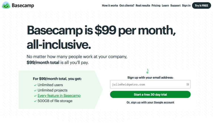 All-inclusive single-tier pricing example (Basecamp)