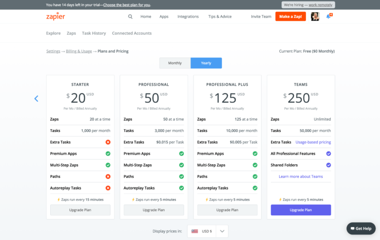 SaaS multiple pricing tiers (Zapier)