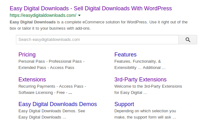 Screenshot of the Easy Digital Downloads in search results.