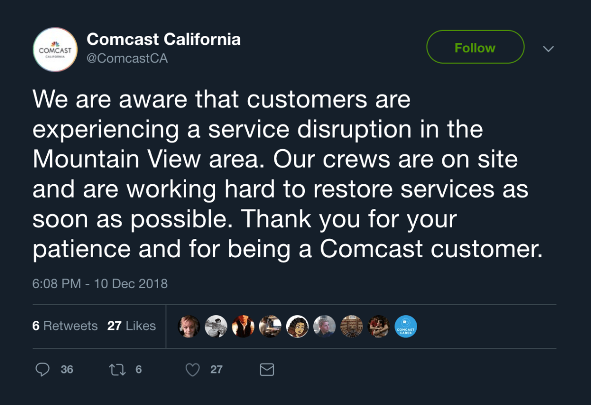 Twitter announcement example (Comcast)