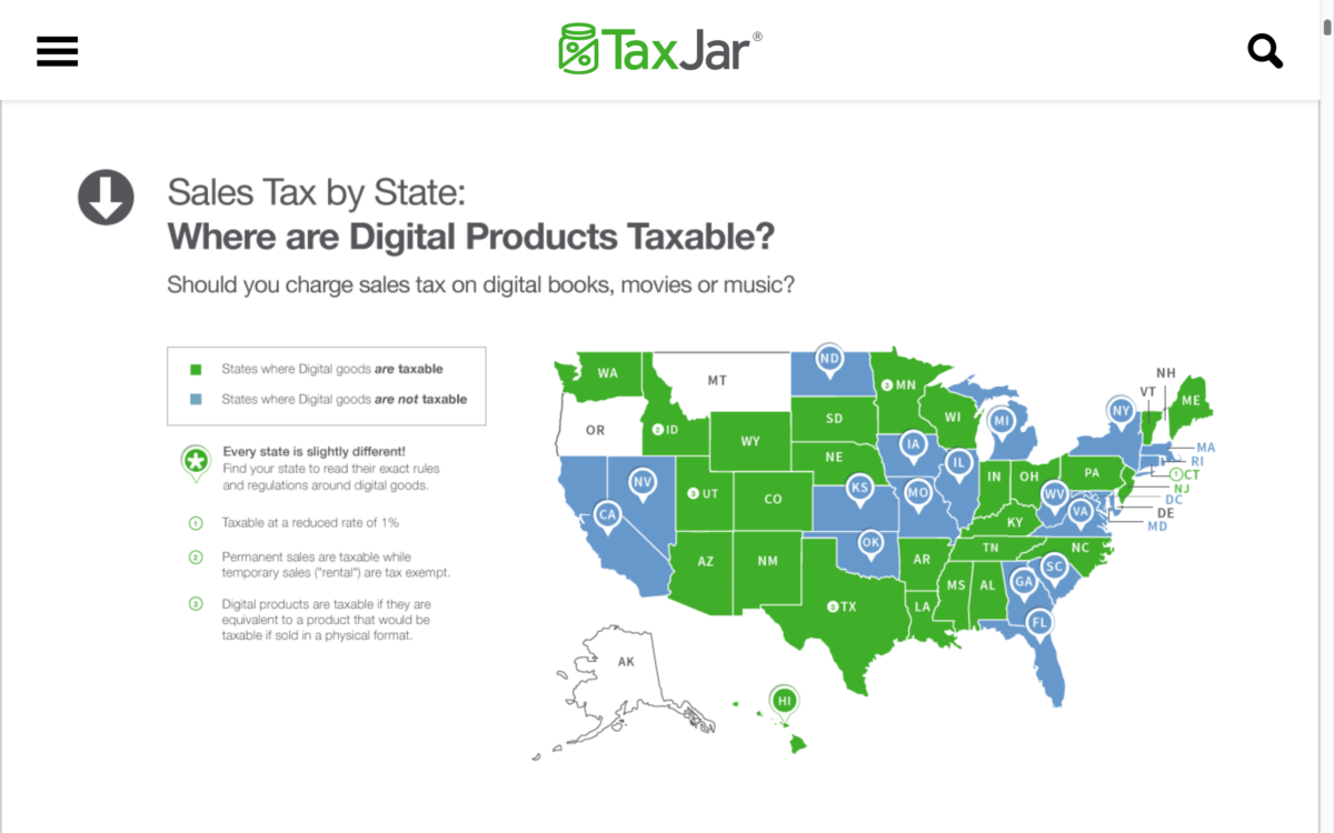 Digital product taxes in US states (TaxJar)