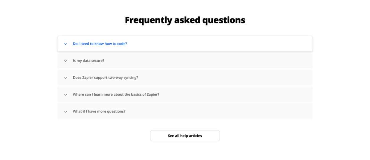 Screenshot - Zapier website FAQs