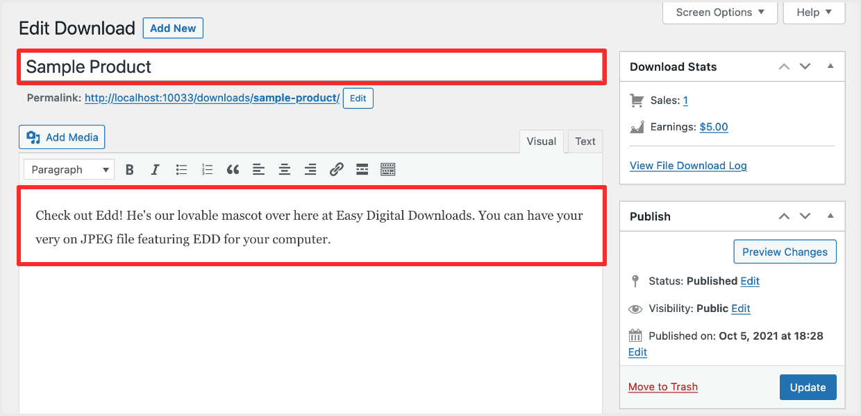 Screenshot: add product name and description within EDD free trial