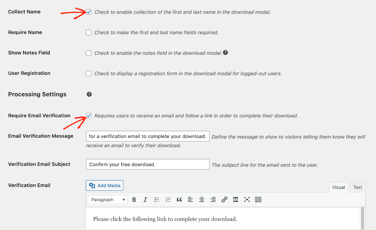 Screenshot: configure Free Downloads settings, require email verification