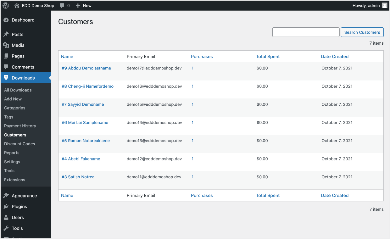 Screenshot: customer list page