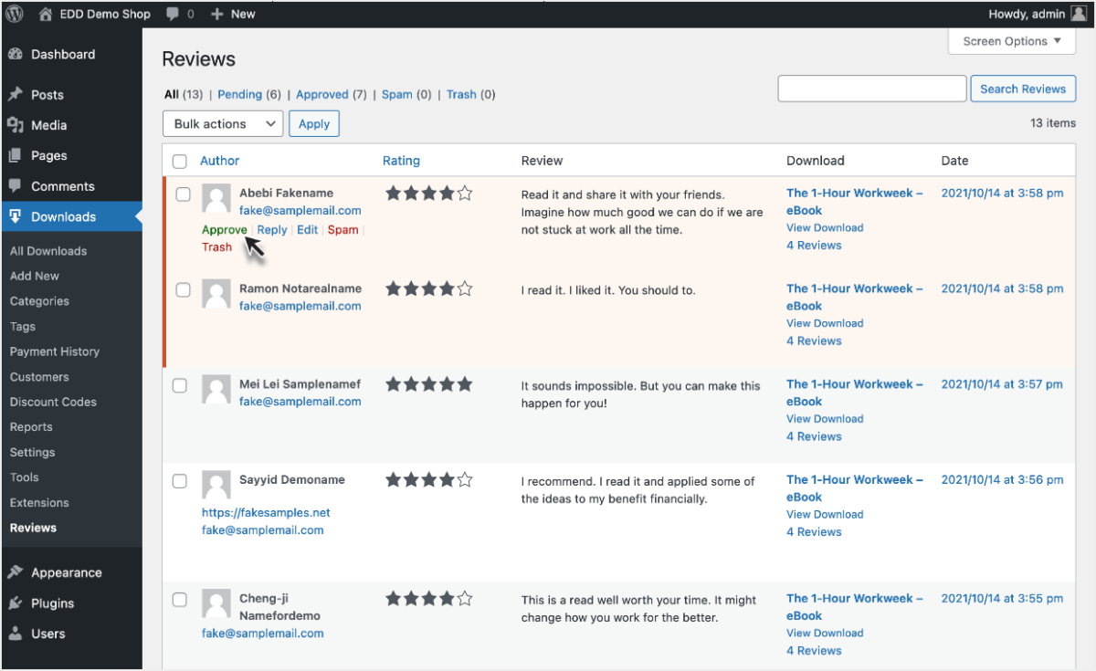 Screenshot: EDD review page on WordPress dashboard