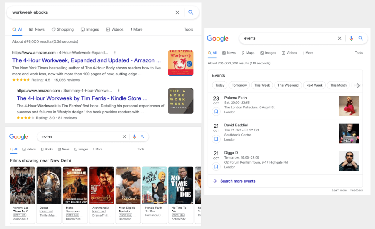 Screenshot: several Google search results with rich snippets