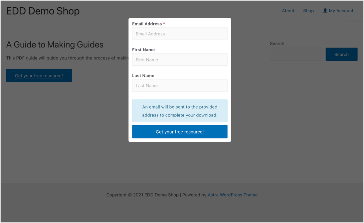 Screenshot: lead magnet on front-end of website with modal form