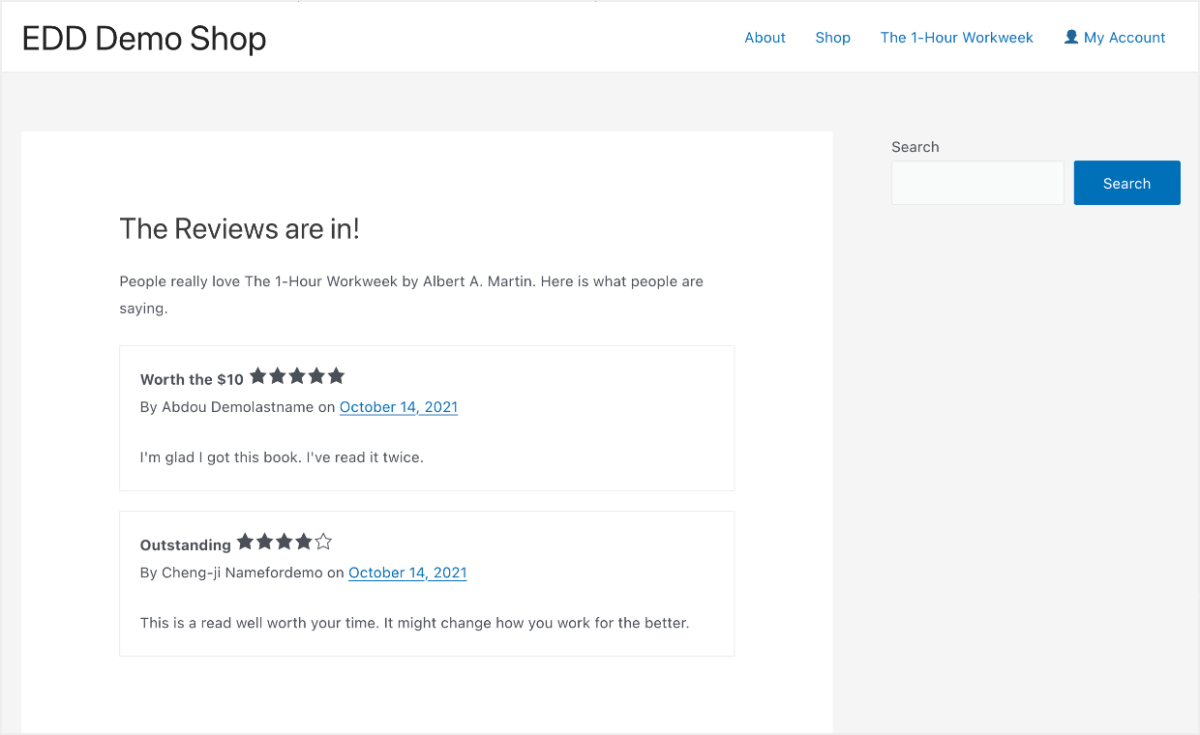 Screenshot: reviews shown on website front-end, using WP Astra theme