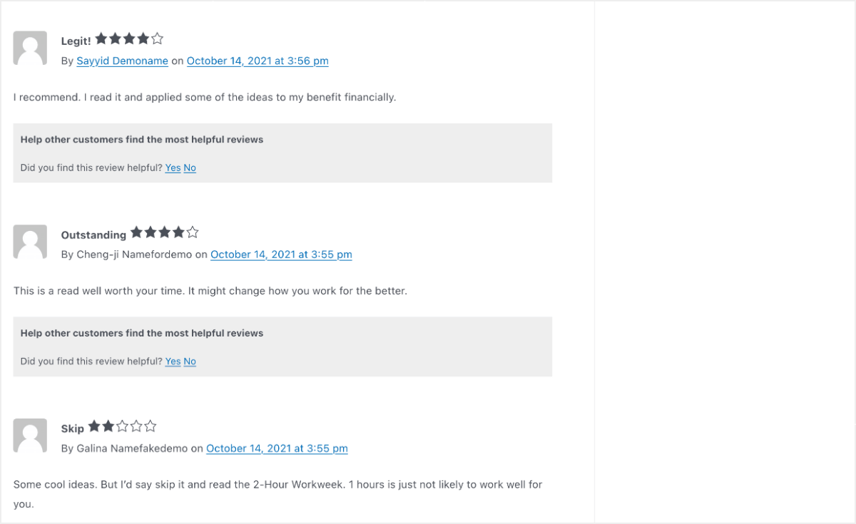 Screenshot: reviews shown on website frontend