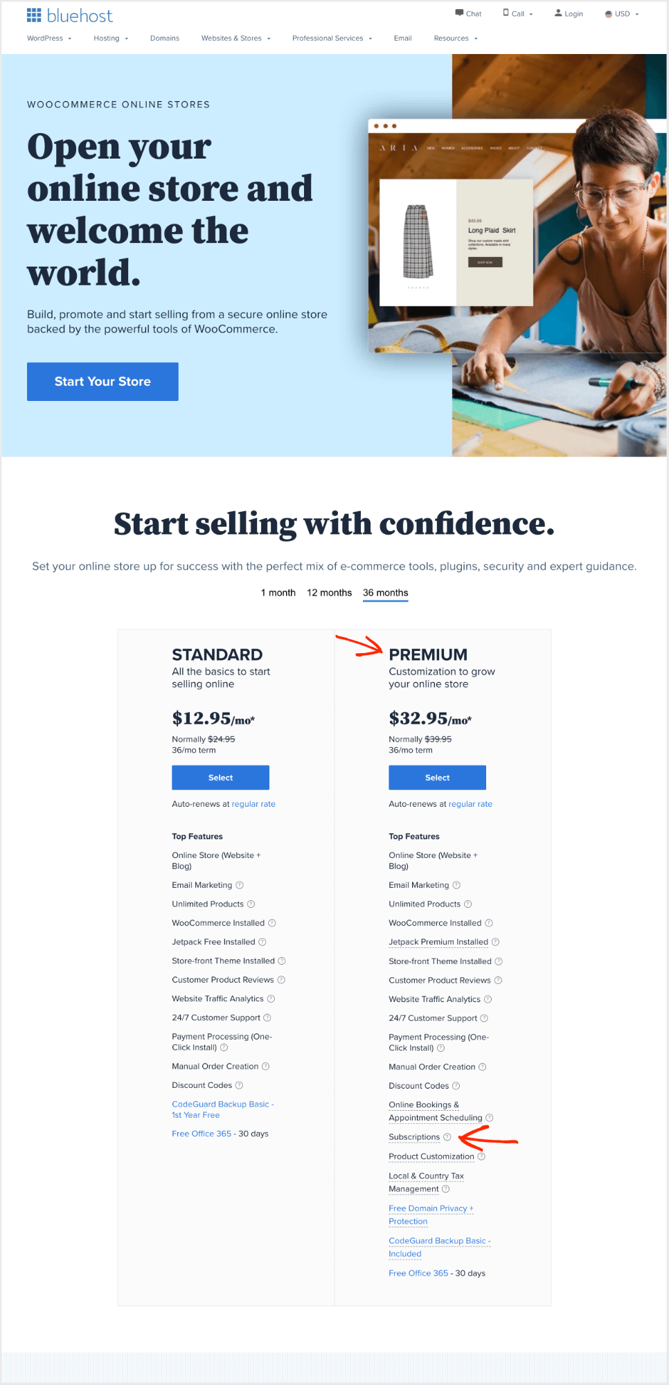 Screenshot: Bluehost Manage WooCommerce hosting, a great way to sell subscriptions with WordPress