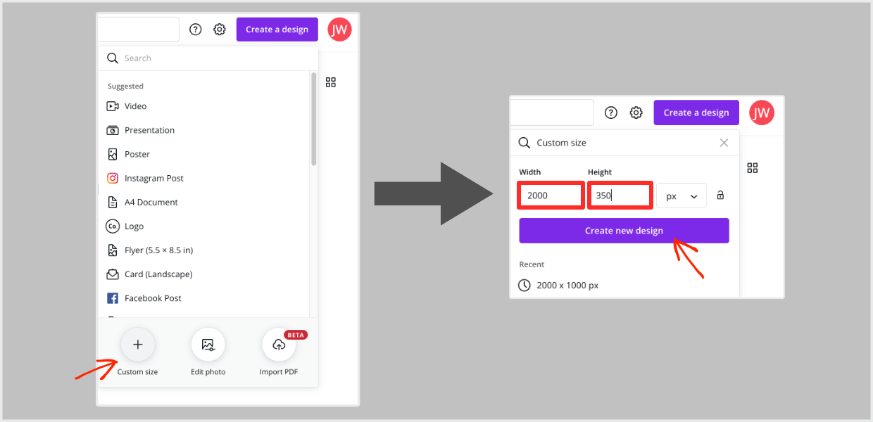 Screenshot: Canva custom size settings