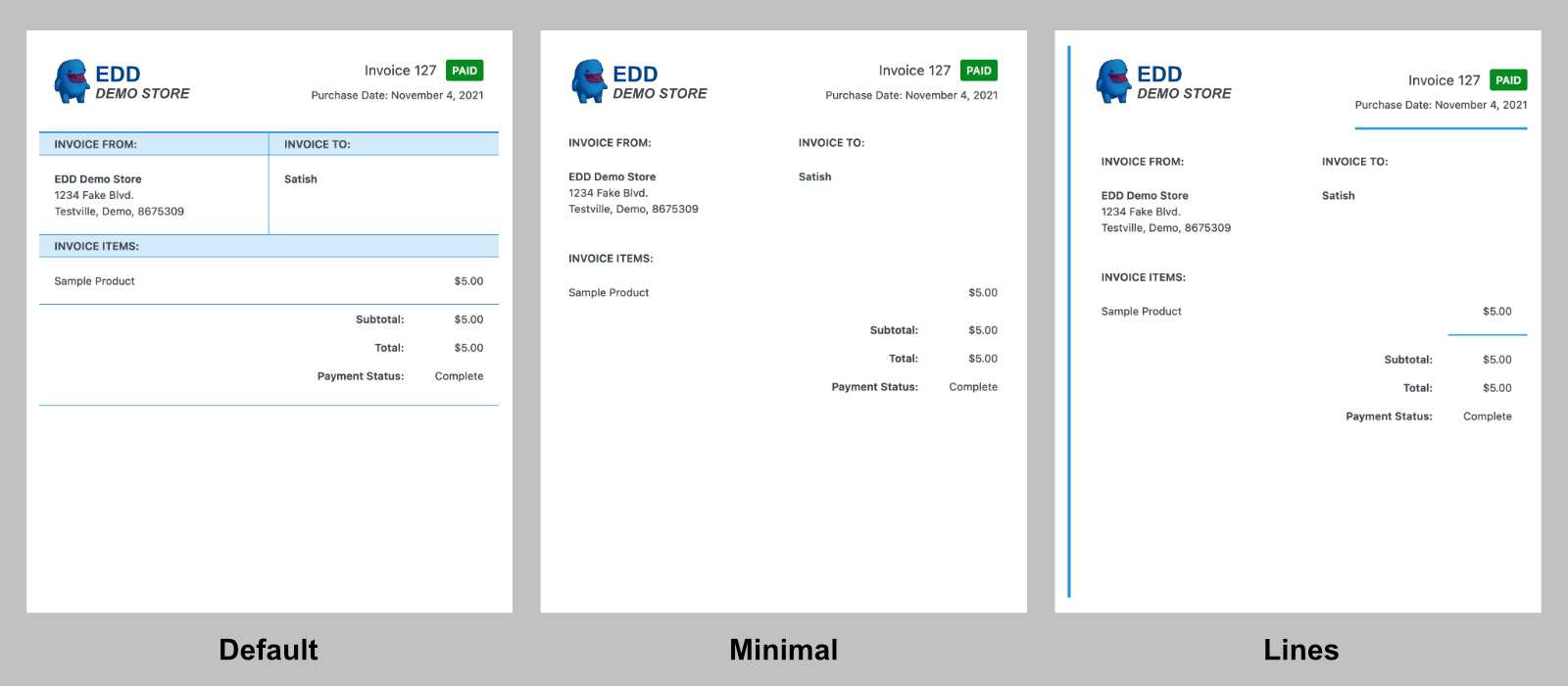 Screenshot: the 3 attractive invoice style presets