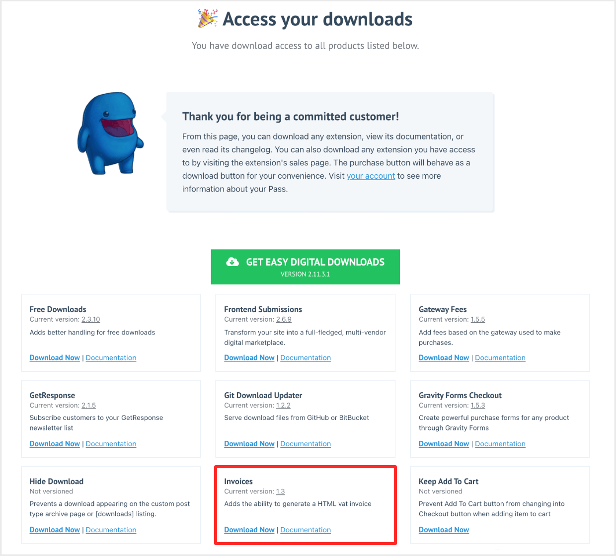 Screenshot: Invoices plugin under Access Your Downloads