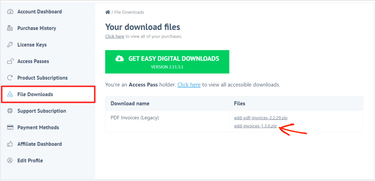 Screenshot: Invoices plugin under File Downloads