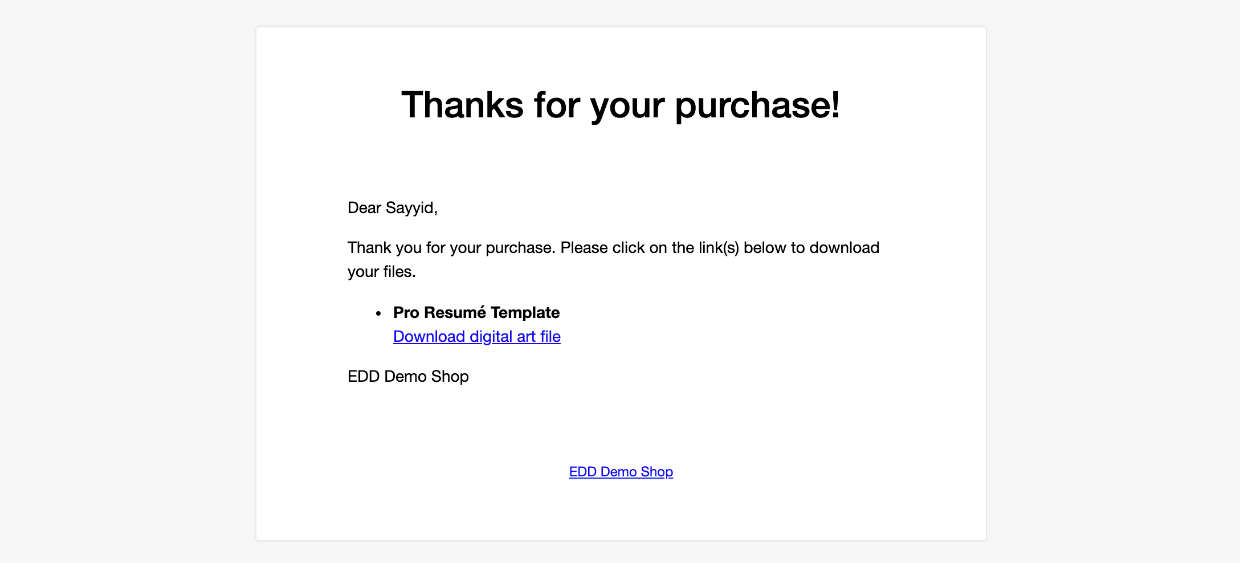 Screenshot: purchase confirmation email