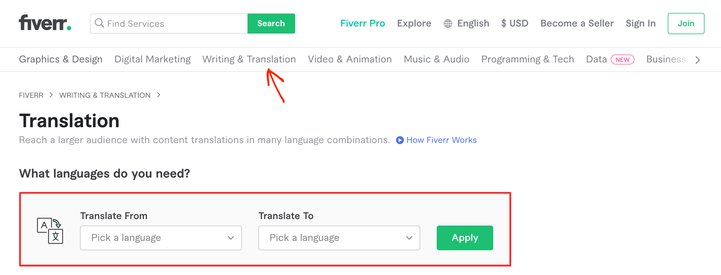 Screenshot: Fiverr Translations Services Page