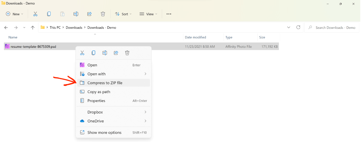 Screenshot: make a ZIP file on Windows