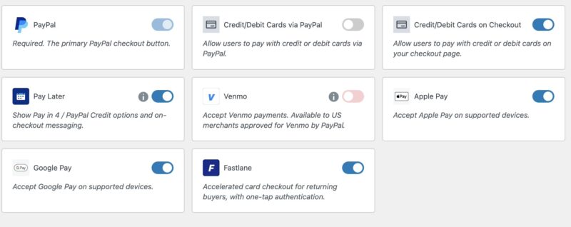 ロゴとオン/オフ切り替え（PayPal、Venmo、Apple Pay、Google Payなど）を備えた支払いオプションのパネル。トグルコントロールは、有効/無効の状態を示します。