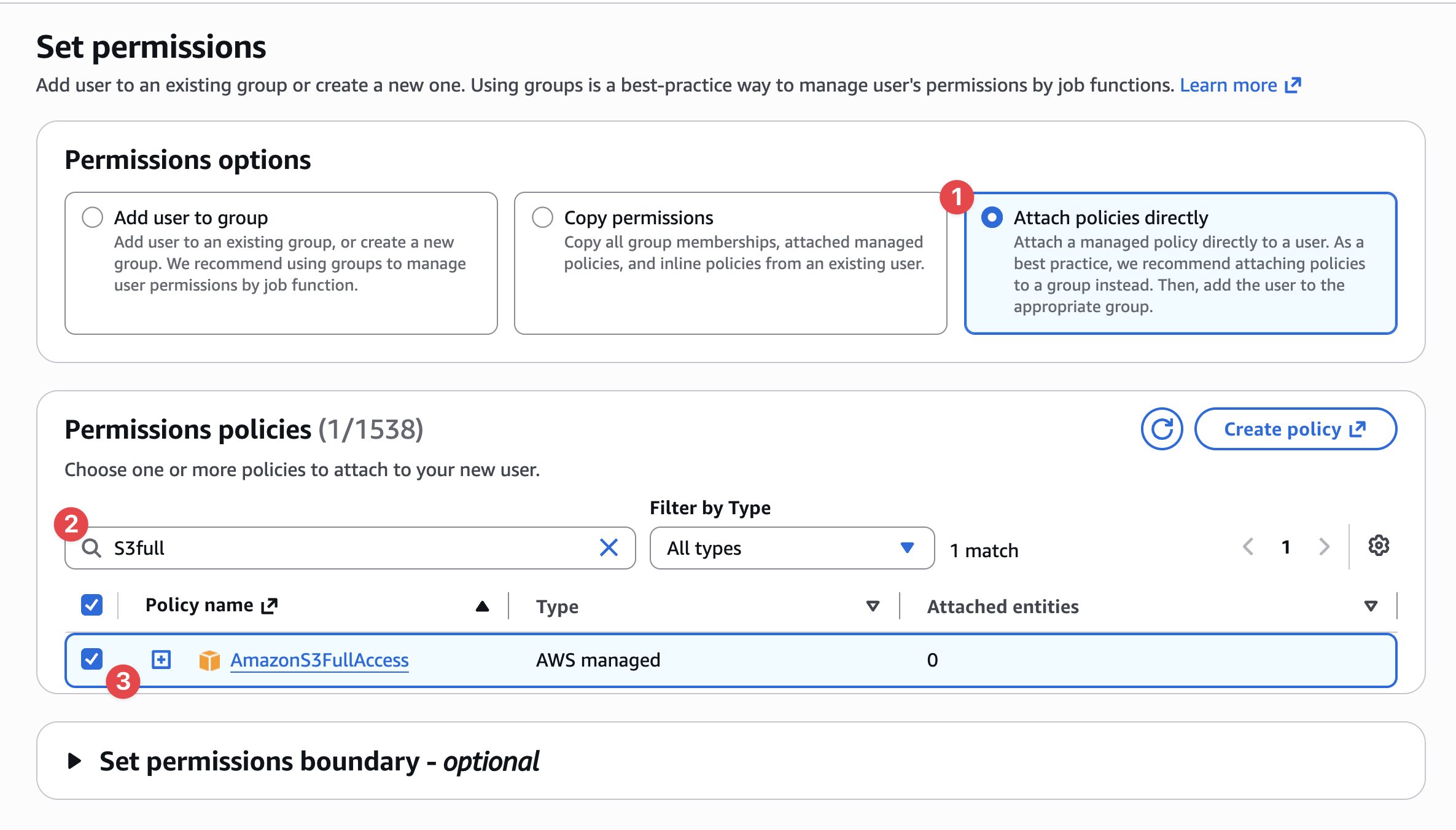 AmazonS3Fullaccess権限を設定する。