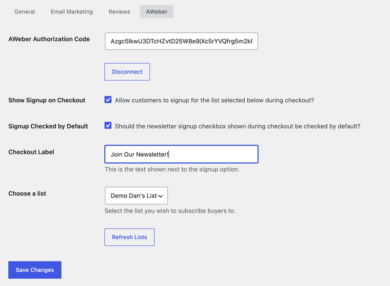 The AWeber Easy Digital Downloads settings page after connecting, showing the Disconnect and Refresh Lists buttons and the Signup Checked by Default checkbox.