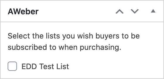 AWeber metabox on the Easy Digital Downloads product edit screen with a list checkbox