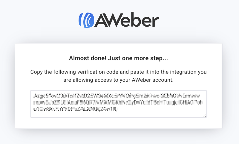 AWeber authorization page showing the verification code to copy into Easy Digital Downloads.