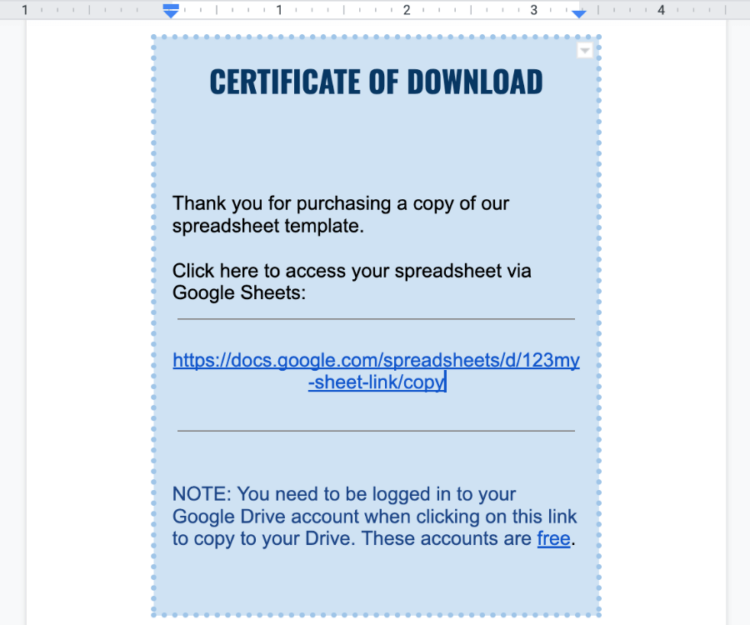 A certificate of download used to sell Excel or Google Spreadsheets.