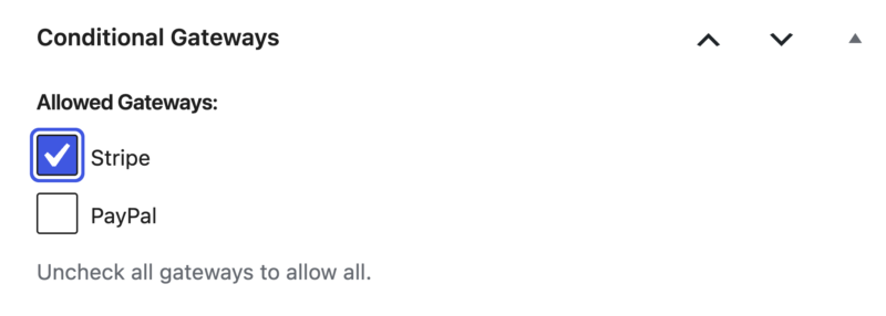 Conditional Gatewaysメタボックス。Stripeのみがチェックされており、商品をStripeに制限しています。