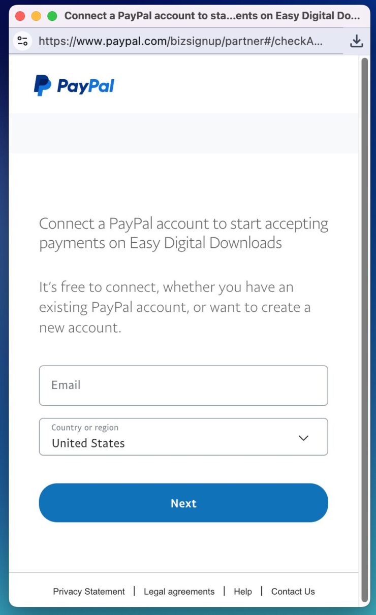 PayPal-Verbindungs-Modal mit Anmeldeformular.