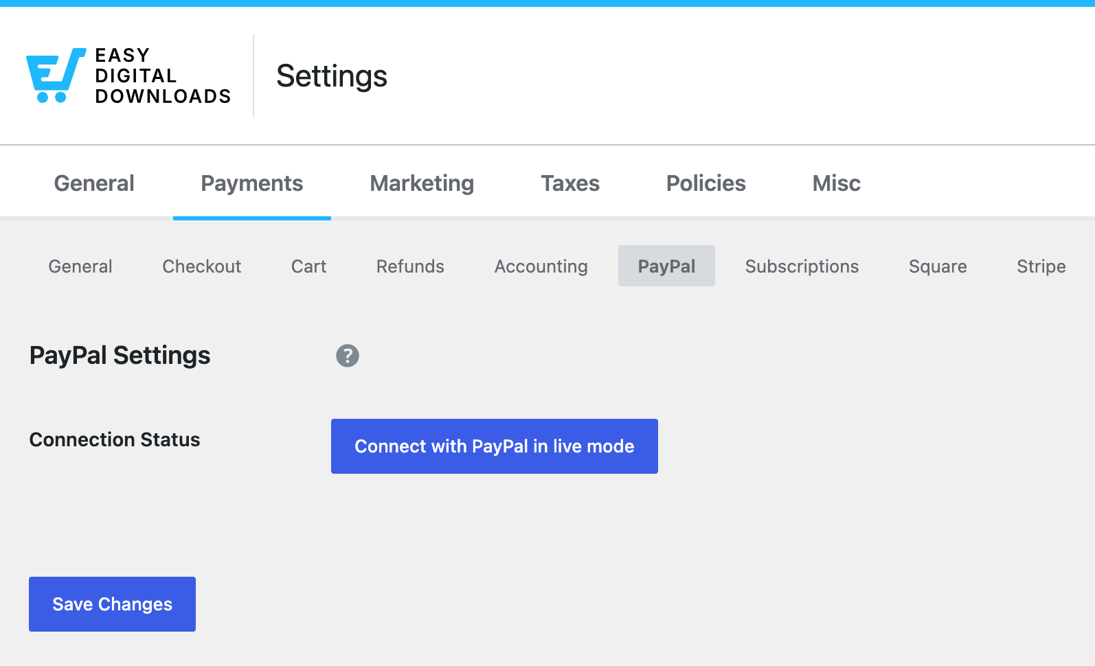 PayPal-Einstellungen in Easy Digital Downloads für die Verbindung im Live-Modus.