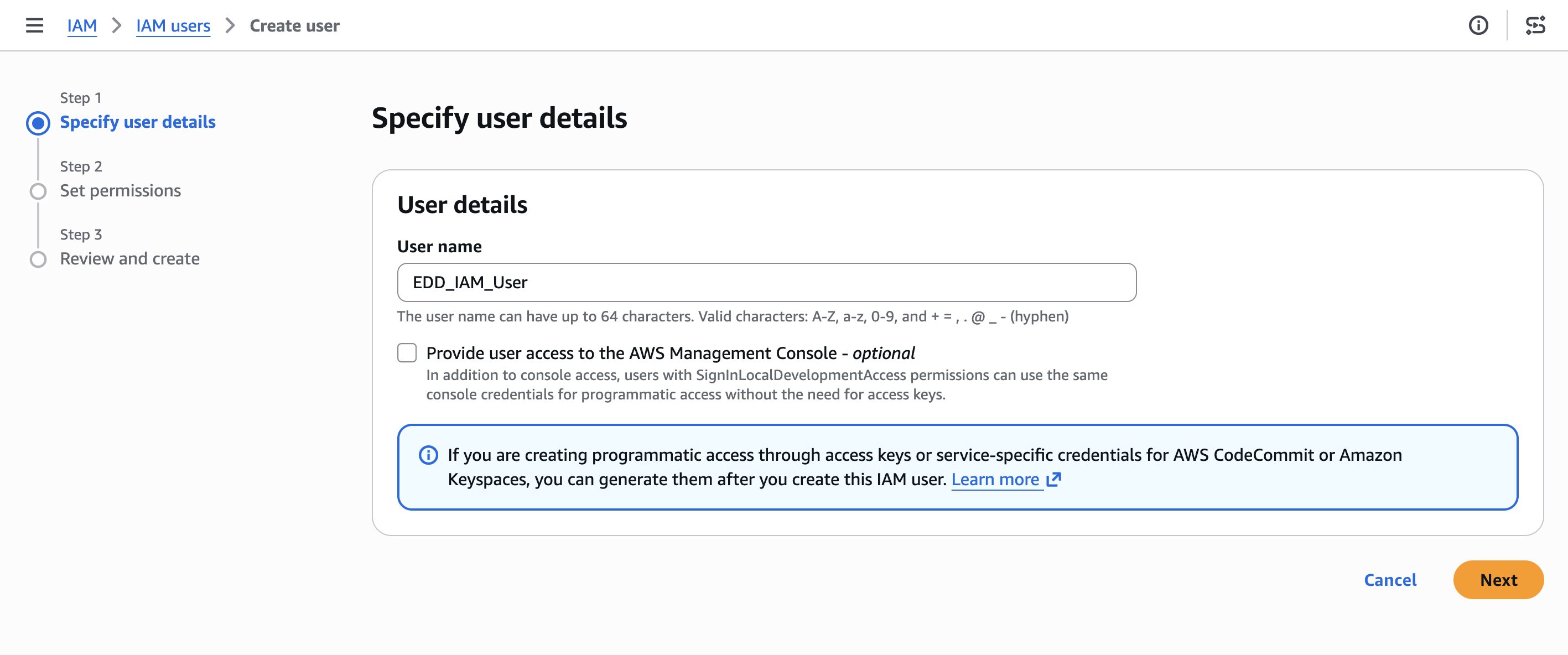 EDD統合のためにAmazon S3でユーザー詳細を作成する。