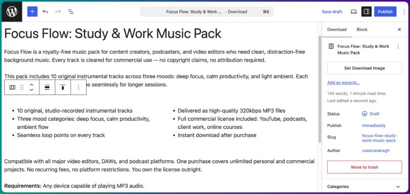 WordPressエディタのスクリーンショット。左側に「Focus Flow: Study & Work Music Pack」というタイトル、機能箇条書き、説明が表示され、右側にダウンロードパネルが表示されている。