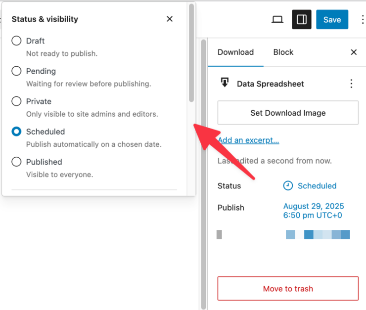 The publish status and visibility settings of a digital product created in EDD.