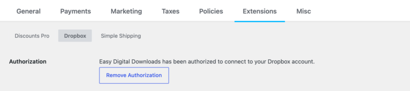 dropbox-file-store-connected – Easy Digital Downloads 接続済みメッセージと「認証を削除」ボタンが表示されているDropbox設定