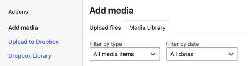 dropbox-file-store-media-options – Easy Digital Downloads WordPressメディアウィンドウの「Dropboxにアップロード」と「Dropboxライブラリ」オプション