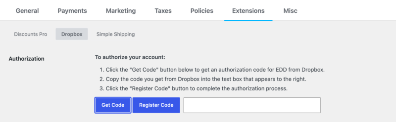 dropbox-file-store-register-code – Easy Digital Downloads 「コードを取得」ボタンの隣にあるコードボックスと「コードを登録」ボタン